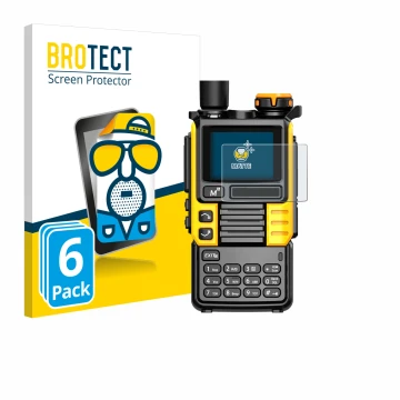 Parte frontal de un envase de producto con el logotipo de la marca BROTECT. Al lado se muestra el dispositivo Quansheng UV-K5 