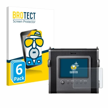 Parte frontal de un envase de producto con el logotipo de la marca BROTECT. Al lado se muestra el dispositivo Fujifilm Instax 
