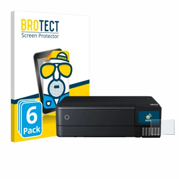 Parte frontal de un envase de producto con el logotipo de la marca BROTECT. Al lado se muestra el dispositivo Epson EcoTank ET