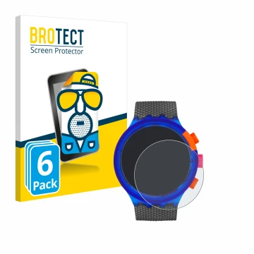 Parte frontal de un envase de producto con el logotipo de la marca BROTECT. Al lado se muestra el dispositivo Swatch Neon Part