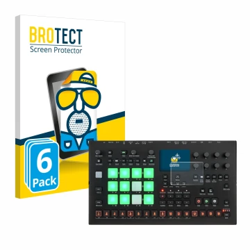 Parte frontal de un envase de producto con el logotipo de la marca BROTECT. Al lado se muestra el dispositivo Elektron Analog 
