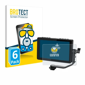 Parte frontal de un envase de producto con el logotipo de la marca BROTECT. Al lado se muestra el dispositivo Feelworld F5 PRO