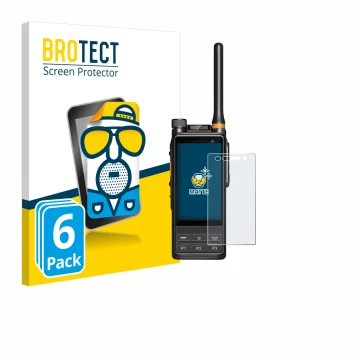 Parte frontal de un envase de producto con el logotipo de la marca BROTECT. Al lado se muestra el dispositivo Hytera PDC680 co
