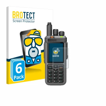 Parte frontal de un envase de producto con el logotipo de la marca BROTECT. Al lado se muestra el dispositivo Radtel RT-880 co