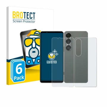 Parte frontal de un envase de producto con el logotipo de la marca BROTECT. Al lado se muestra el dispositivo Sony Xperia 1 VI