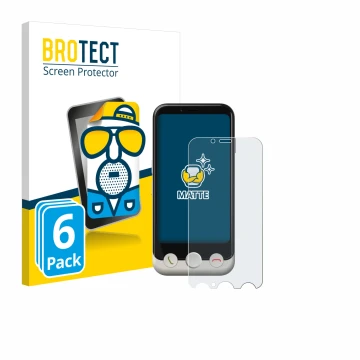 Parte frontal de un envase de producto con el logotipo de la marca BROTECT. Al lado se muestra el dispositivo Doro Aurora A10 