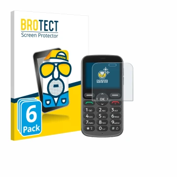 Parte frontal de un envase de producto con el logotipo de la marca BROTECT. Al lado se muestra el dispositivo Doro 1380 con su