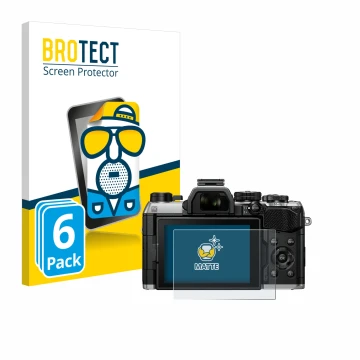 Parte frontal de un envase de producto con el logotipo de la marca BROTECT. Al lado se muestra el dispositivo Olympus OM Syste