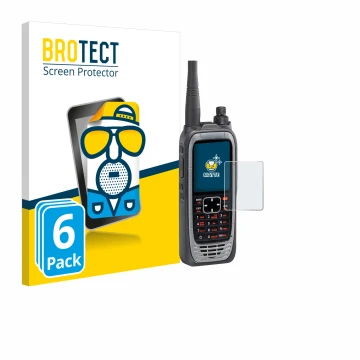 Parte frontal de un envase de producto con el logotipo de la marca BROTECT. Al lado se muestra el dispositivo Icom IC-A25NE /I