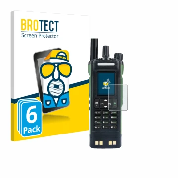 Parte frontal de un envase de producto con el logotipo de la marca BROTECT. Al lado se muestra el dispositivo Baofeng DM-32 co