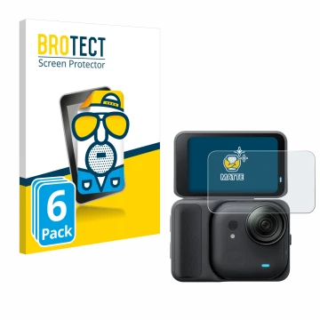 Parte frontal de un envase de producto con el logotipo de la marca BROTECT. Al lado se muestra el dispositivo Insta360 Go Ultr