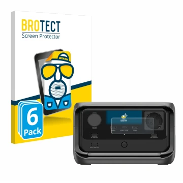 Parte frontal de un envase de producto con el logotipo de la marca BROTECT. Al lado se muestra el dispositivo EcoFlow River 3 
