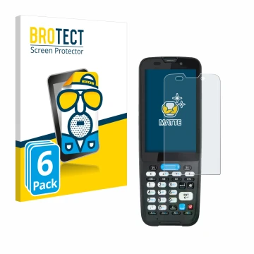 Parte frontal de un envase de producto con el logotipo de la marca BROTECT. Al lado se muestra el dispositivo Unitech HT330 co