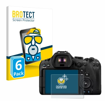 Parte frontal de un envase de producto con el logotipo de la marca BROTECT. Al lado se muestra el dispositivo Canon EOS R6 Mar