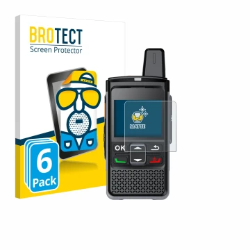 Parte frontal de un envase de producto con el logotipo de la marca BROTECT. Al lado se muestra el dispositivo Hytera PNC360S c