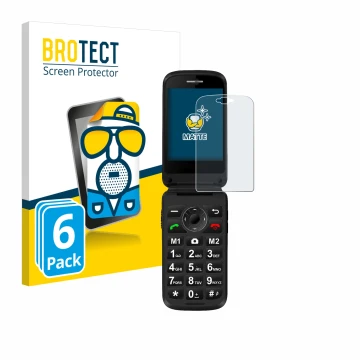 Parte frontal de un envase de producto con el logotipo de la marca BROTECT. Al lado se muestra el dispositivo Simvalley Mobile