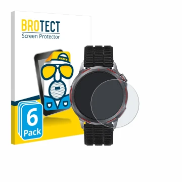 Parte frontal de un envase de producto con el logotipo de la marca BROTECT. Al lado se muestra el dispositivo Huawei Watch GT 