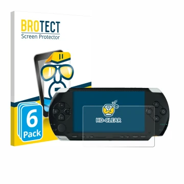 Parte frontal de un envase de producto con el logotipo de la marca BROTECT. Al lado se muestra el dispositivo Sony PSP 1000 co