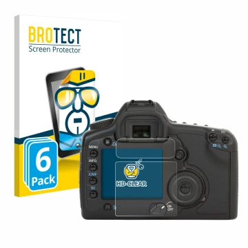 Parte frontal de un envase de producto con el logotipo de la marca BROTECT. Al lado se muestra el dispositivo Canon EOS 5D con
