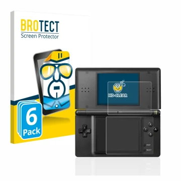 Parte frontal de un envase de producto con el logotipo de la marca BROTECT. Al lado se muestra el dispositivo Nintendo DS LITE