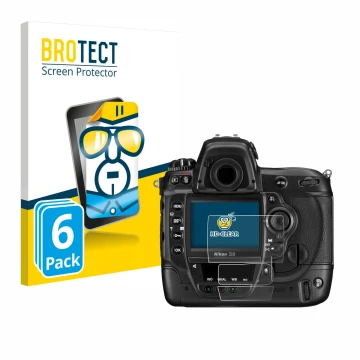 Parte frontal de un envase de producto con el logotipo de la marca BROTECT. Al lado se muestra el dispositivo Nikon D3 con su 