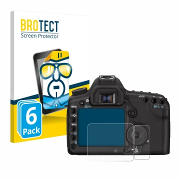 Parte frontal de un envase de producto con el logotipo de la marca BROTECT. Al lado se muestra el dispositivo Canon EOS 5D Mar