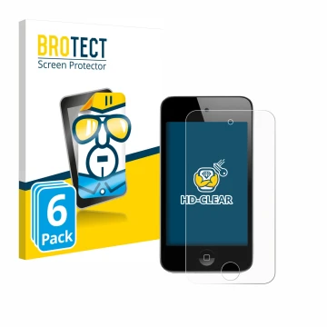 Parte frontal de un envase de producto con el logotipo de la marca BROTECT. Al lado se muestra el dispositivo Apple iPod Touch