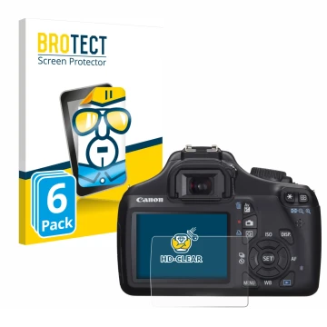 Parte frontal de un envase de producto con el logotipo de la marca BROTECT. Al lado se muestra el dispositivo Canon EOS 1100D 