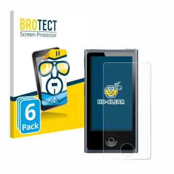 Parte frontal de un envase de producto con el logotipo de la marca BROTECT. Al lado se muestra el dispositivo Apple iPod nano 