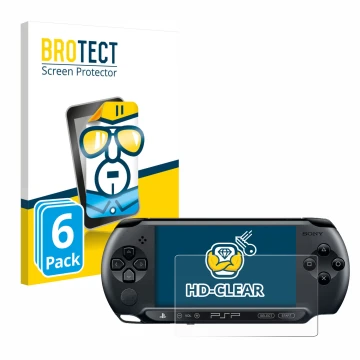 Parte frontal de un envase de producto con el logotipo de la marca BROTECT. Al lado se muestra el dispositivo Sony PSP 1004 co