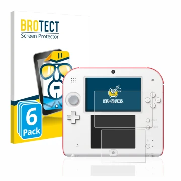 Parte frontal de un envase de producto con el logotipo de la marca BROTECT. Al lado se muestra el dispositivo Nintendo 2DS con