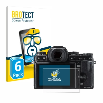 Parte frontal de un envase de producto con el logotipo de la marca BROTECT. Al lado se muestra el dispositivo Fujifilm X-T1 co