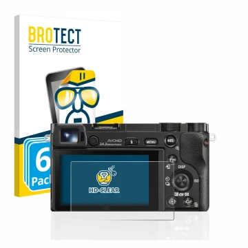 Parte frontal de un envase de producto con el logotipo de la marca BROTECT. Al lado se muestra el dispositivo Sony Alpha 6000 