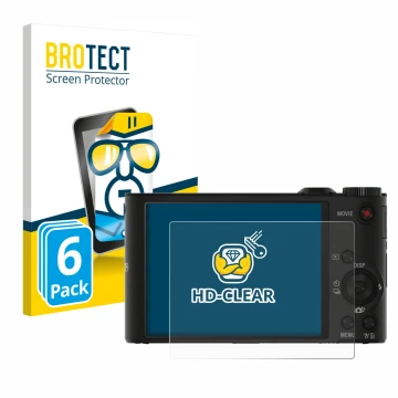 Parte frontal de un envase de producto con el logotipo de la marca BROTECT. Al lado se muestra el dispositivo Sony Cyber-Shot 