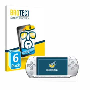 Parte frontal de un envase de producto con el logotipo de la marca BROTECT. Al lado se muestra el dispositivo Sony PSP 2004 co