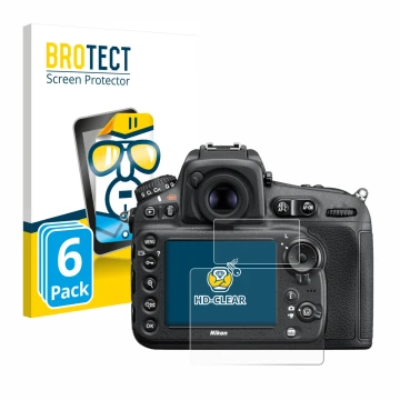Parte frontal de un envase de producto con el logotipo de la marca BROTECT. Al lado se muestra el dispositivo Nikon D810 con s