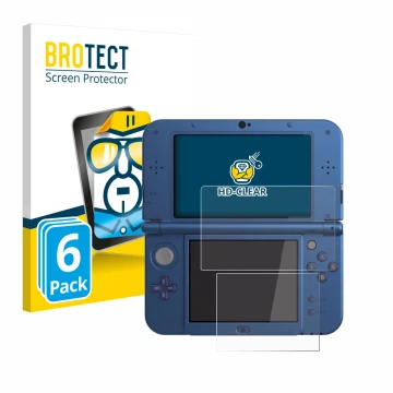 Parte frontal de un envase de producto con el logotipo de la marca BROTECT. Al lado se muestra el dispositivo Nintendo New 3DS