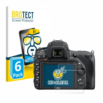 Parte frontal de un envase de producto con el logotipo de la marca BROTECT. Al lado se muestra el dispositivo Nikon D750 con s