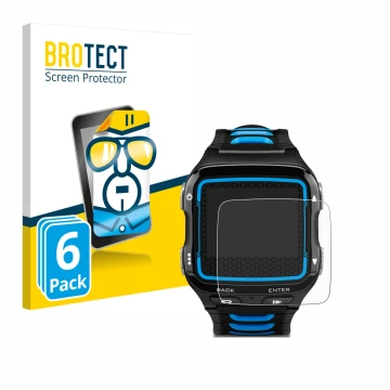 Parte frontal de un envase de producto con el logotipo de la marca BROTECT. Al lado se muestra el dispositivo Garmin Forerunne