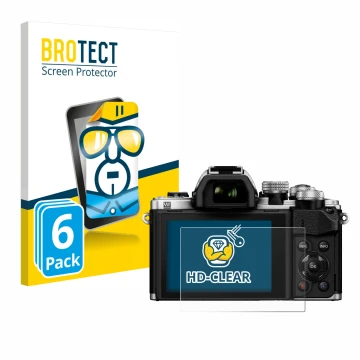 Parte frontal de un envase de producto con el logotipo de la marca BROTECT. Al lado se muestra el dispositivo Olympus OM-D E-M