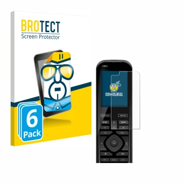 Parte frontal de un envase de producto con el logotipo de la marca BROTECT. Al lado se muestra el dispositivo Logitech Harmony