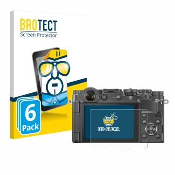 Parte frontal de un envase de producto con el logotipo de la marca BROTECT. Al lado se muestra el dispositivo Olympus PEN-F co