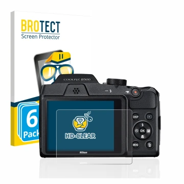 Parte frontal de un envase de producto con el logotipo de la marca BROTECT. Al lado se muestra el dispositivo Nikon Coolpix B5