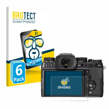 Parte frontal de un envase de producto con el logotipo de la marca BROTECT. Al lado se muestra el dispositivo Fujifilm X-T2 co