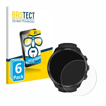 Parte frontal de un envase de producto con el logotipo de la marca BROTECT. Al lado se muestra el dispositivo Suunto Spartan S