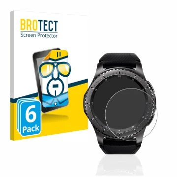 Parte frontal de un envase de producto con el logotipo de la marca BROTECT. Al lado se muestra el dispositivo Samsung Gear S3 