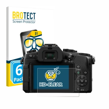 Parte frontal de un envase de producto con el logotipo de la marca BROTECT. Al lado se muestra el dispositivo Panasonic Lumix 