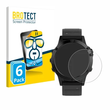 Parte frontal de un envase de producto con el logotipo de la marca BROTECT. Al lado se muestra el dispositivo Garmin Fenix 5 (