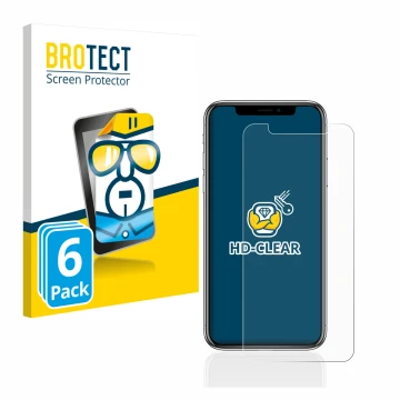 Parte frontal de un envase de producto con el logotipo de la marca BROTECT. Al lado se muestra el dispositivo Apple iPhone X c