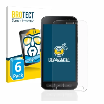 Parte frontal de un envase de producto con el logotipo de la marca BROTECT. Al lado se muestra el dispositivo Samsung Galaxy X
